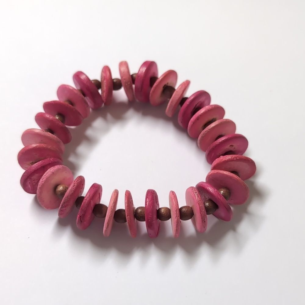 21 Pink Wooden Disc and‎ Brown Beaded Stretch Bracelet